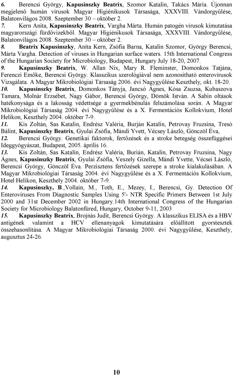 Vándorgyűlése, Balatonvilágos 2008. Szeptember 30 október 2. 8. Beatrix Kapusinszky, Anita Kern, Zsófia Barna, Katalin Szomor, György Berencsi, Márta Vargha.