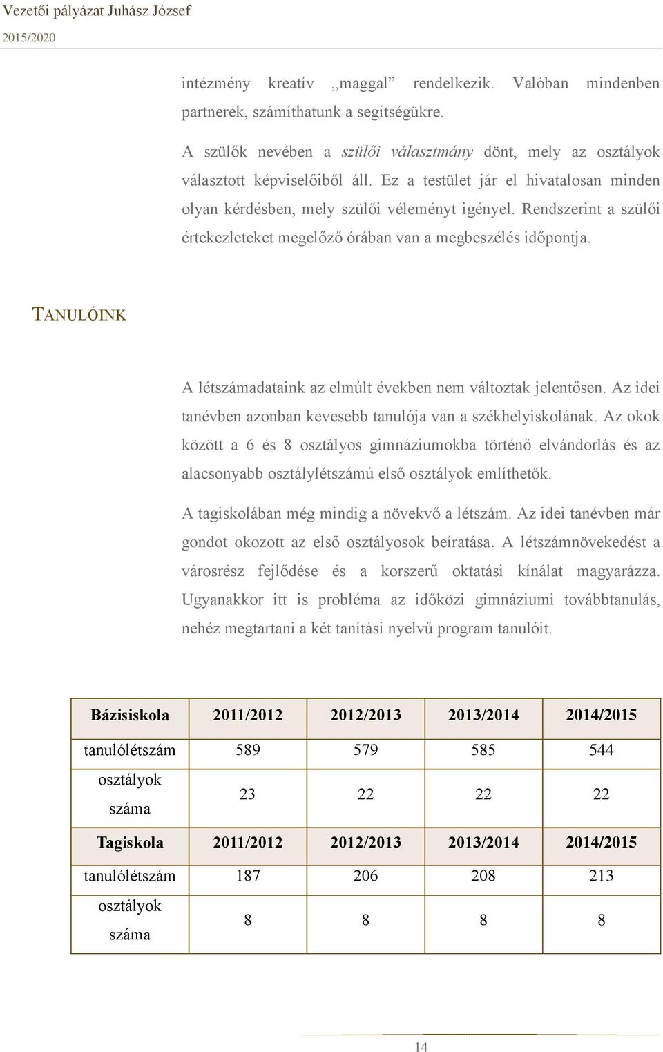 TANULÓINK A létszámadataink az elmúlt években nem változtak jelentősen. Az idei tanévben azonban kevesebb tanulója van a székhelyiskolának.