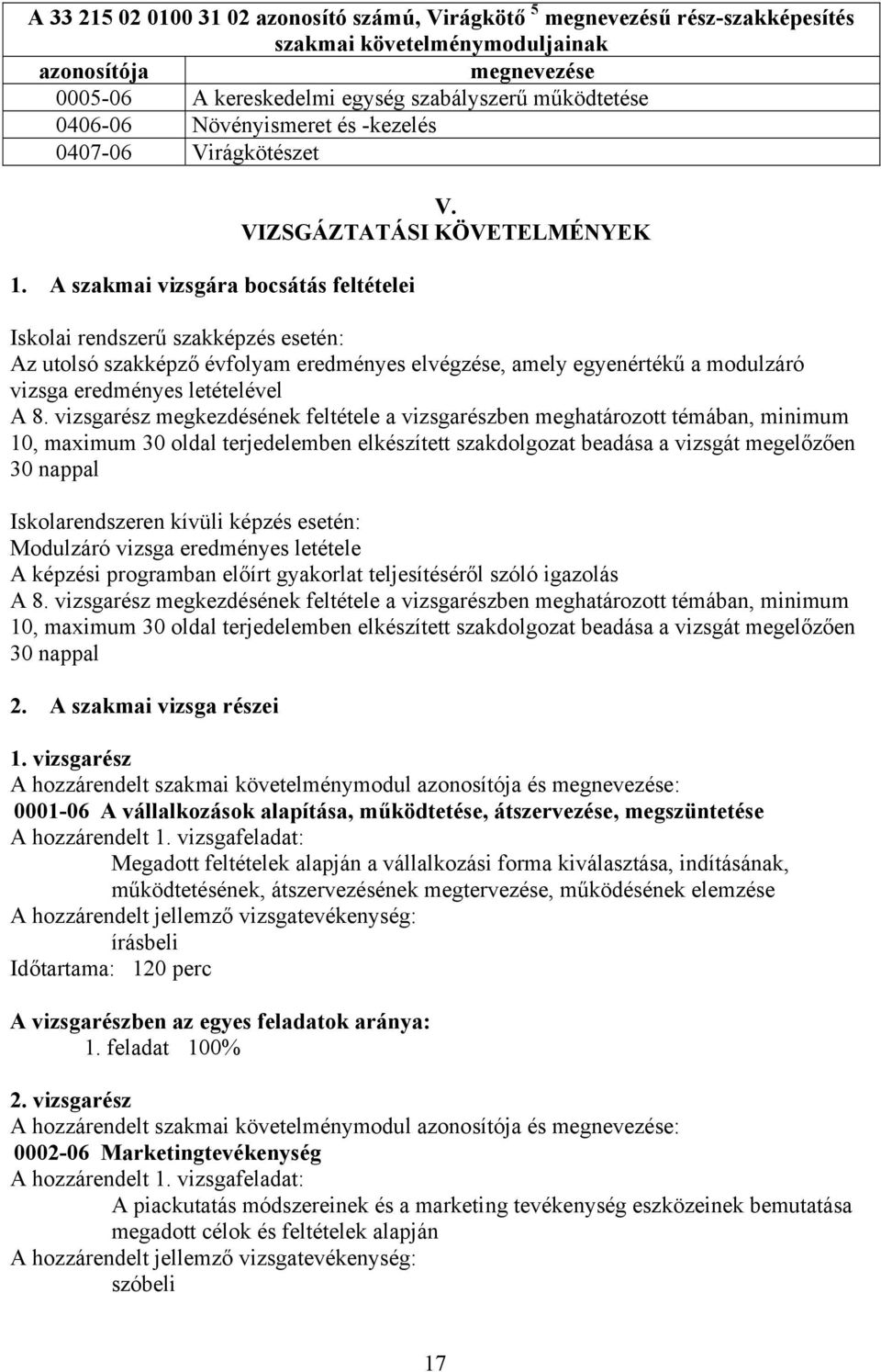 VIZSGÁZTATÁSI KÖVETELMÉNYEK Iskolai rendszerű szakképzés esetén: Az utolsó szakképző évfolyam eredményes elvégzése, amely egyenértékű a modulzáró vizsga eredményes letételével A 8.