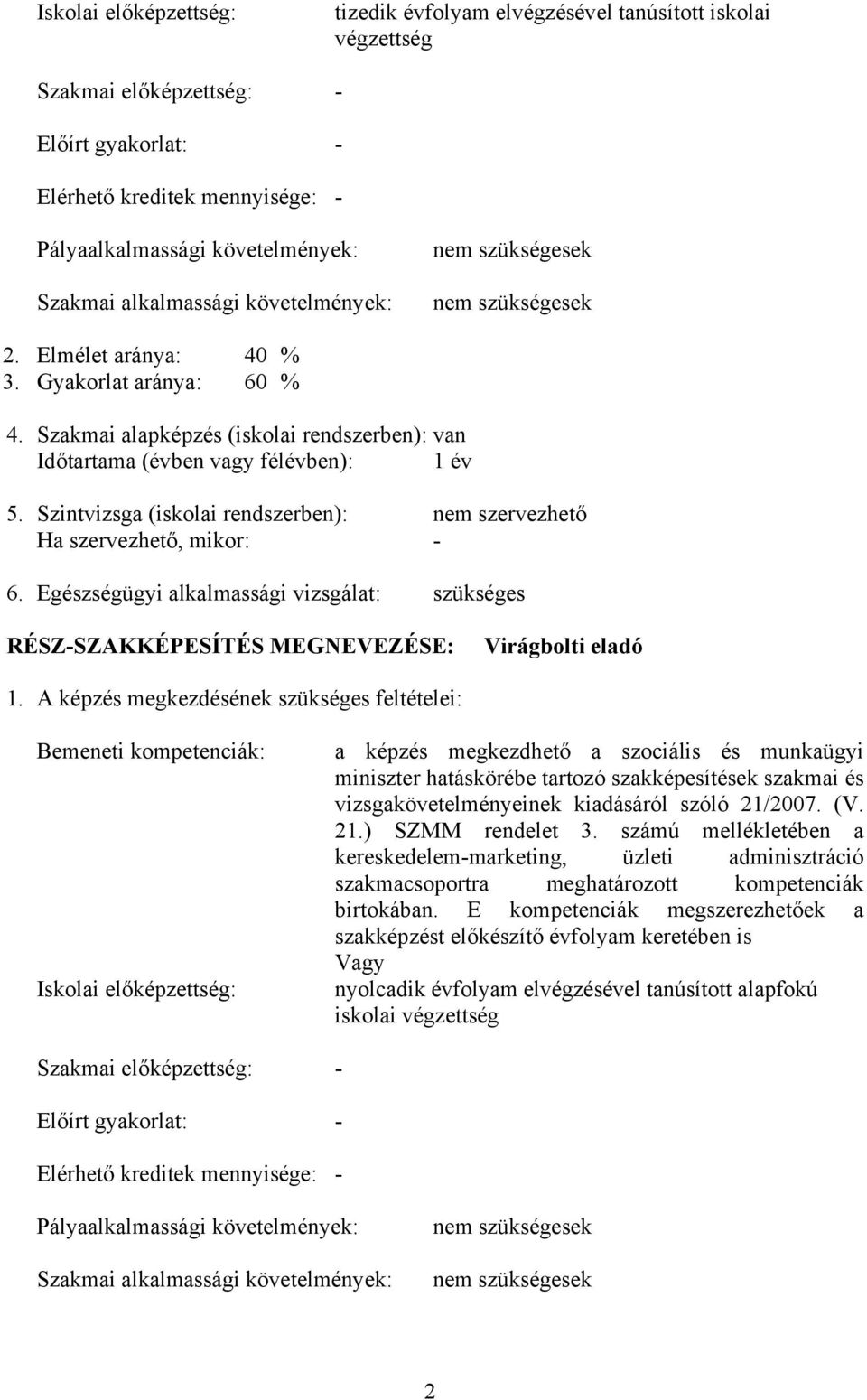 Szakmai alapképzés (iskolai rendszerben): van Időtartama (évben vagy félévben): 1 év 5. Szintvizsga (iskolai rendszerben): nem szervezhető Ha szervezhető, mikor: - 6.