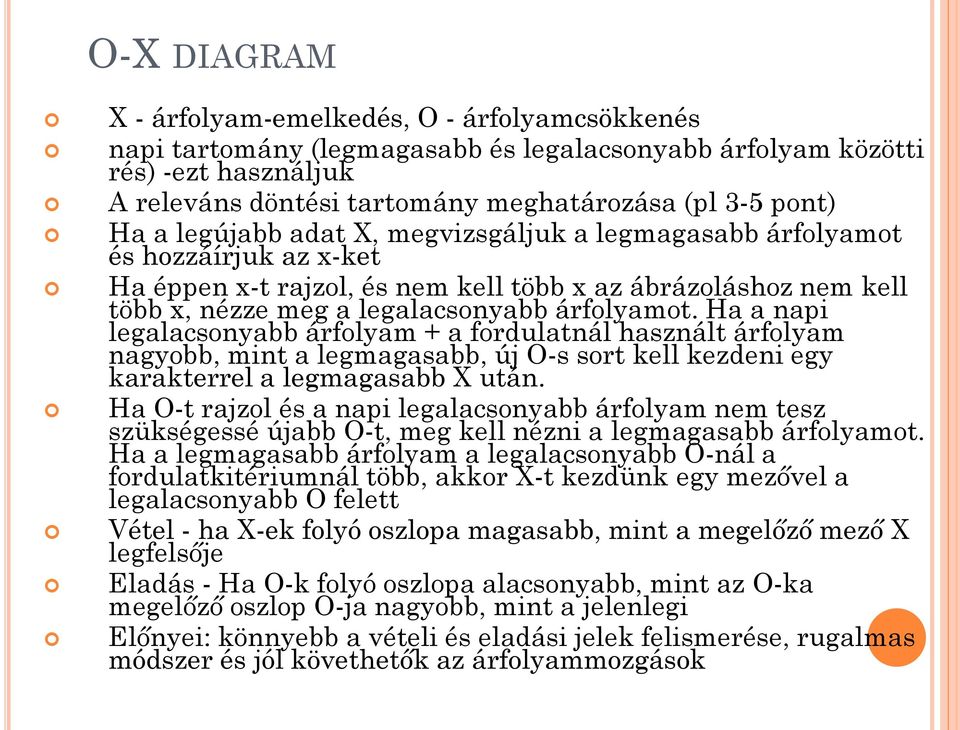 Ha a napi legalacsonyabb árfolyam + a fordulatnál használt árfolyam nagyobb, mint a legmagasabb, új O-s sort kell kezdeni egy karakterrel a legmagasabb X után.