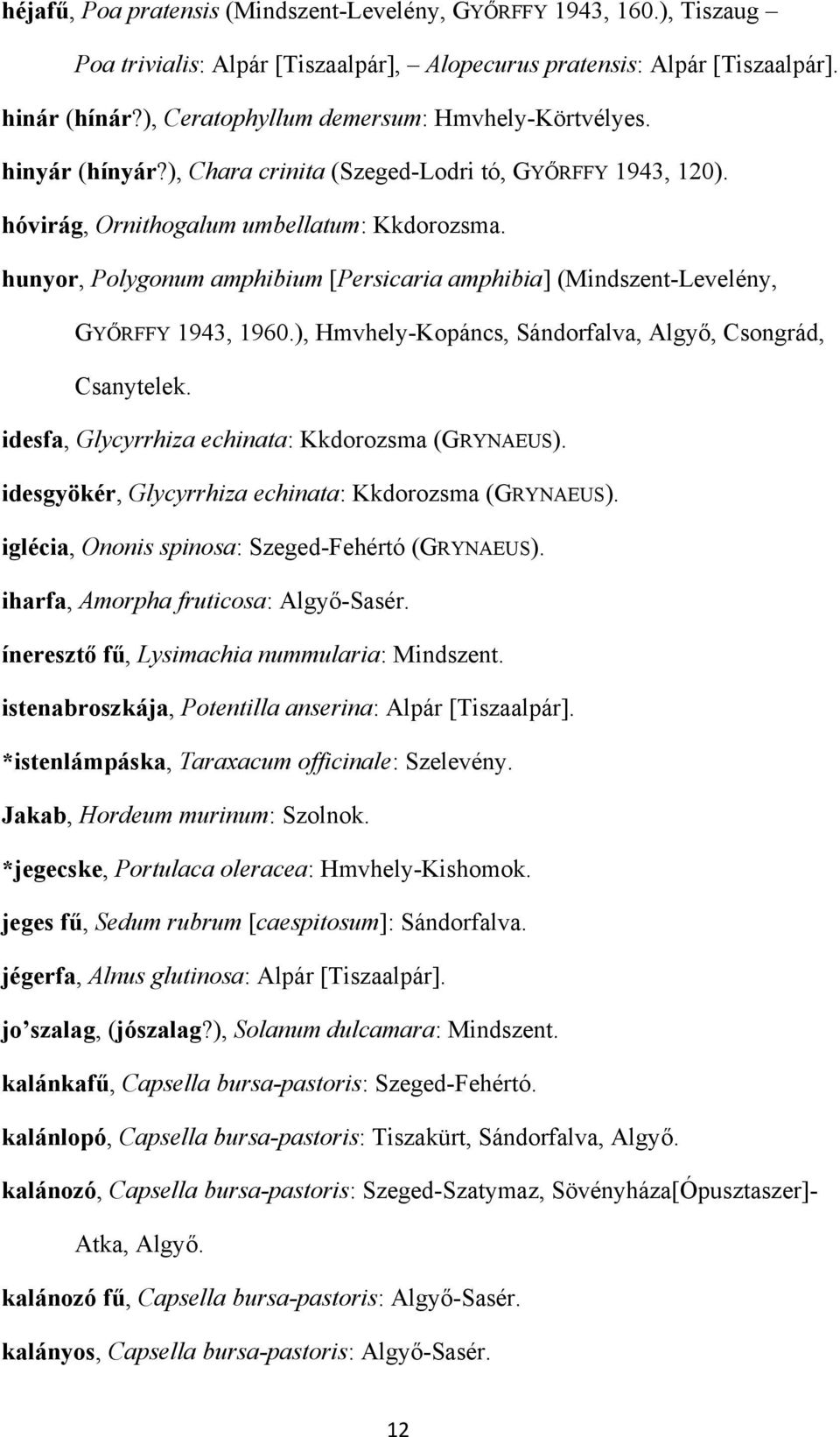 hunyor, Polygonum amphibium [Persicaria amphibia] (Mindszent-Levelény, GYŐRFFY 1943, 1960.), Hmvhely-Kopáncs, Sándorfalva, Algyő, Csongrád, Csanytelek.
