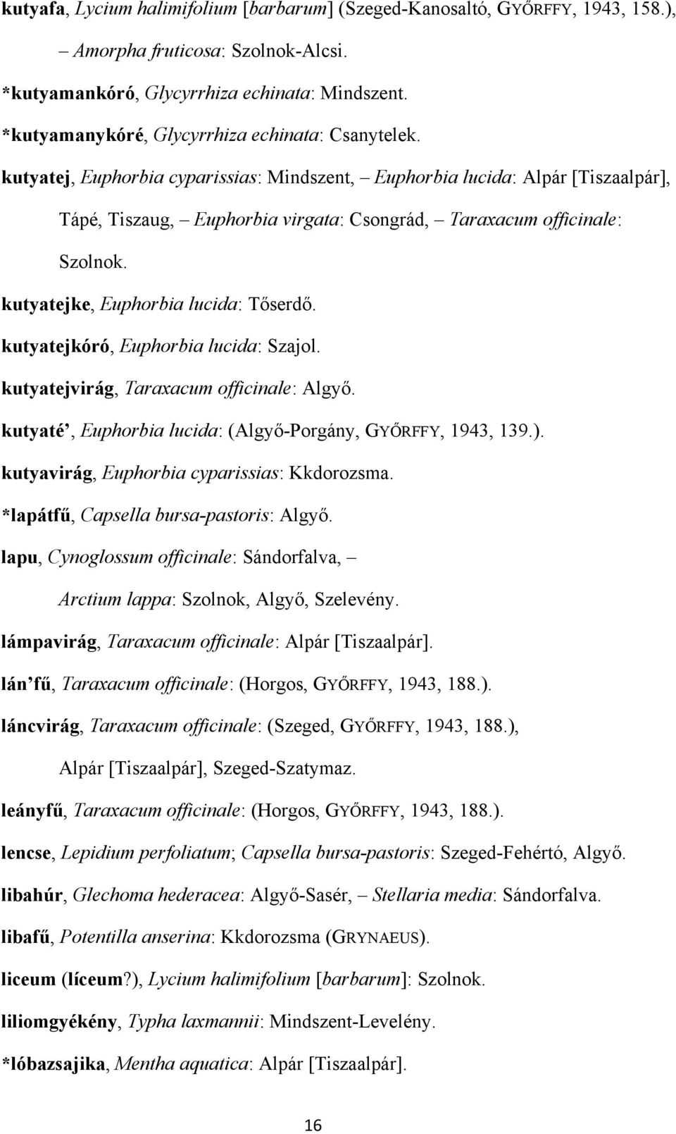 kutyatej, Euphorbia cyparissias: Mindszent, Euphorbia lucida: Alpár [Tiszaalpár], Tápé, Tiszaug, Euphorbia virgata: Csongrád, Taraxacum officinale: Szolnok. kutyatejke, Euphorbia lucida: Tőserdő.