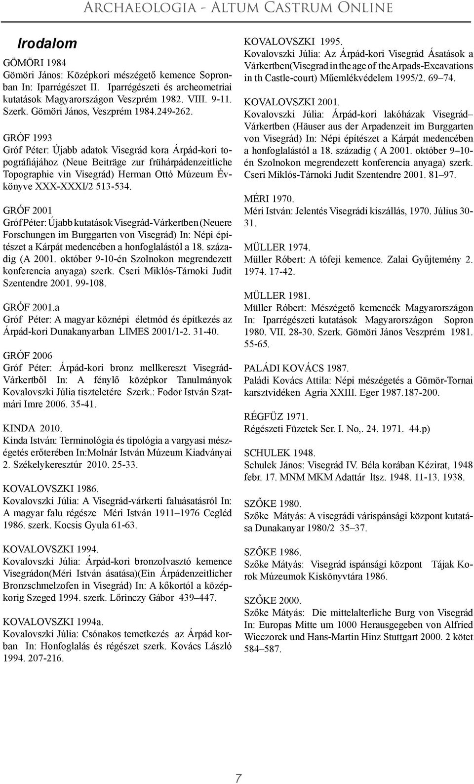 GRÓF 1993 Gróf Péter: Újabb adatok Visegrád kora Árpád-kori topográfiájához (Neue Beiträge zur frühárpádenzeitliche Topographie vin Visegrád) Herman Ottó Múzeum Évkönyve XXX-XXXI/2 513-534.