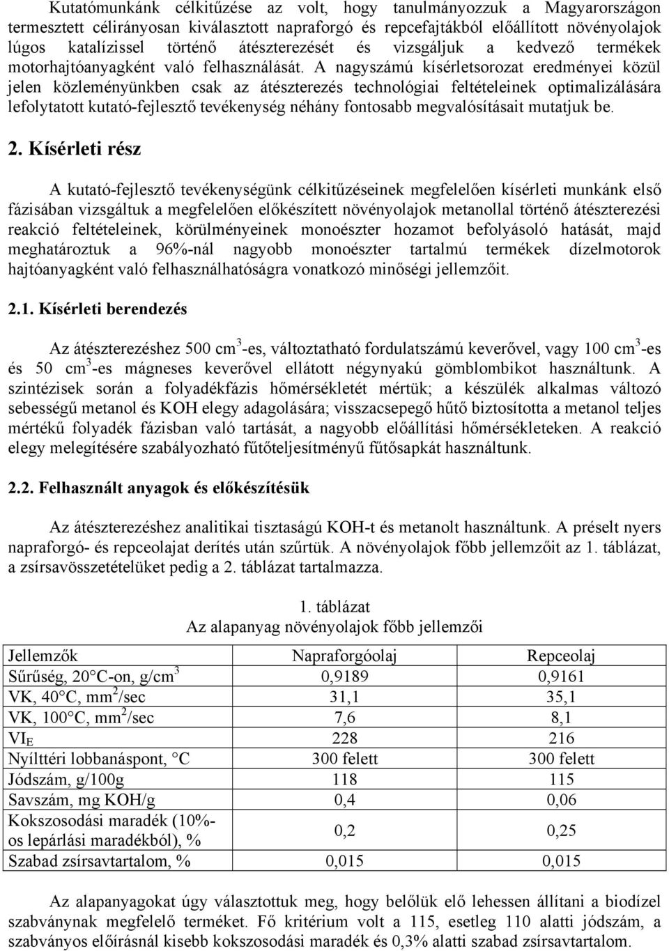 A nagyszámú kísérletsorozat eredményei közül jelen közleményünkben csak az átészterezés technológiai feltételeinek optimalizálására lefolytatott kutató-fejlesztő tevékenység néhány fontosabb