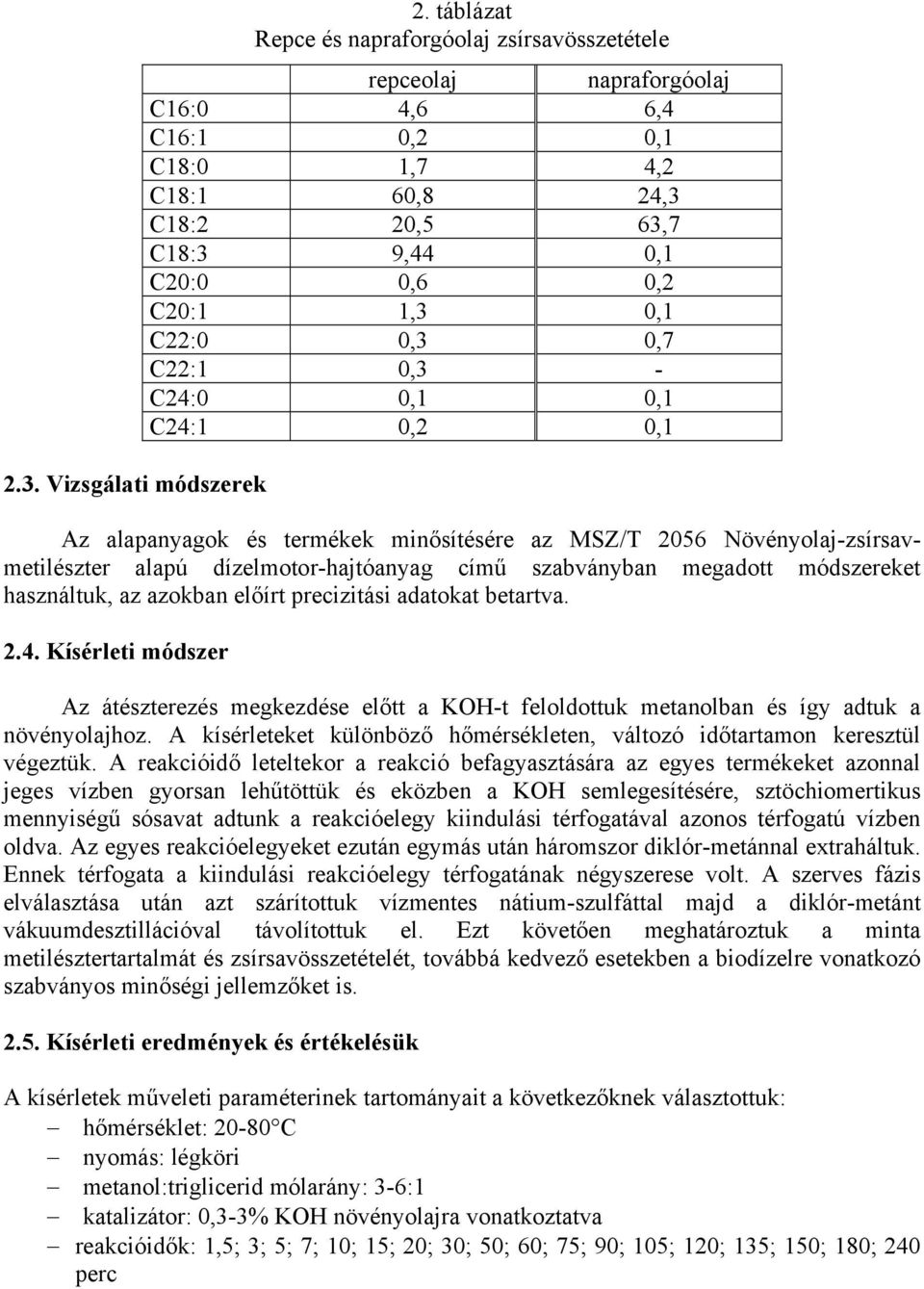 0,3 0,7 C22:1 0,3 - C24:0 0,1 0,1 C24:1 0,2 0,1 Az alapanyagok és termékek minősítésére az MSZ/T 2056 Növényolaj-zsírsavmetilészter alapú dízelmotor-hajtóanyag című szabványban megadott módszereket