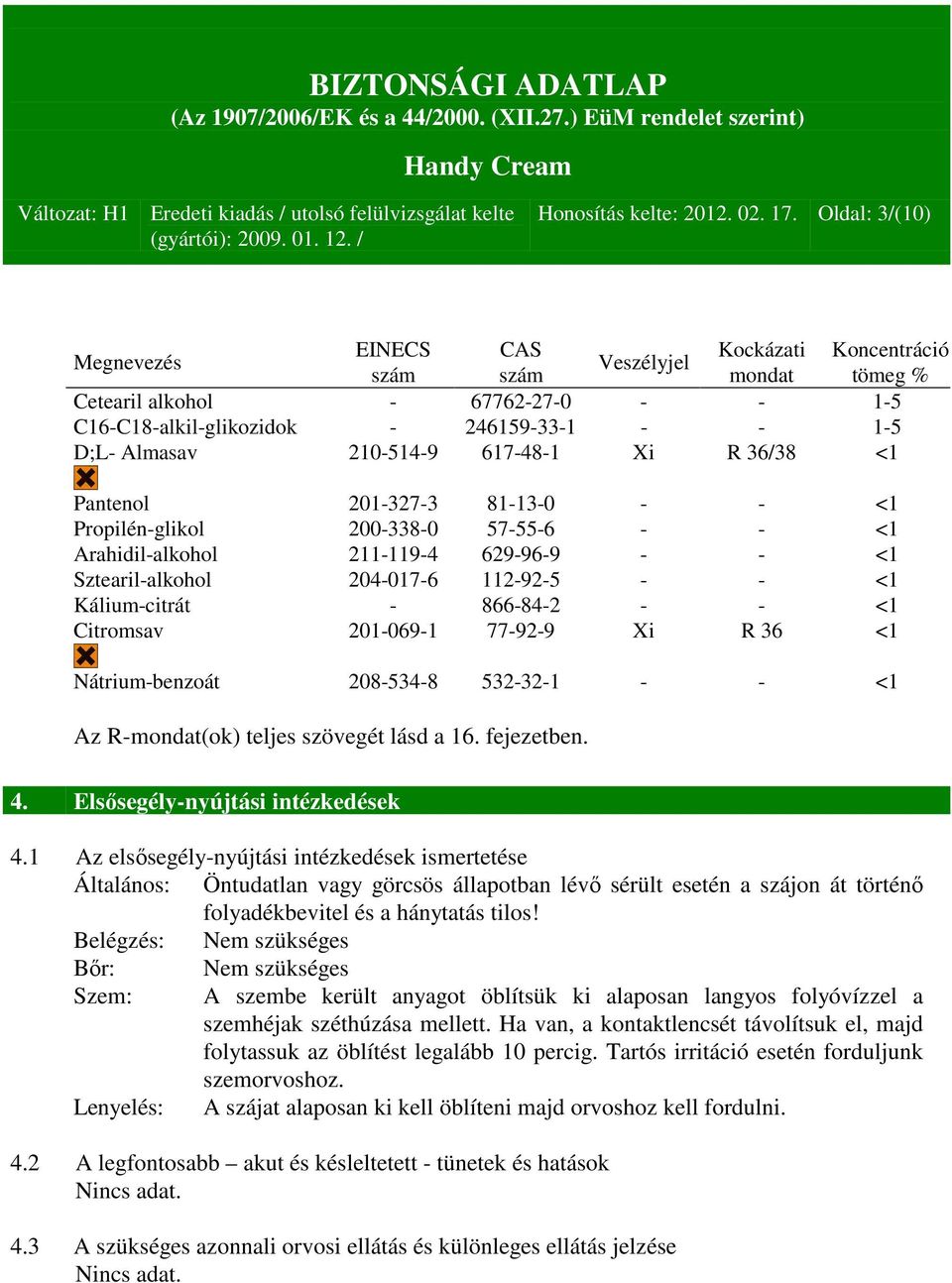 210-514-9 617-48-1 Xi R 36/38 <1 Pantenol 201-327-3 81-13-0 - - <1 Propilén-glikol 200-338-0 57-55-6 - - <1 Arahidil-alkohol 211-119-4 629-96-9 - - <1 Sztearil-alkohol 204-017-6 112-92-5 - - <1