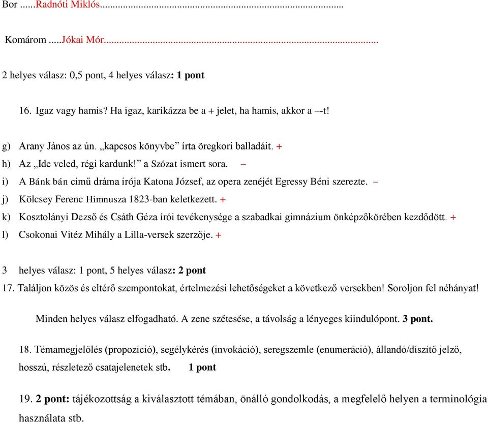 j) Kölcsey Ferenc Himnusza 1823-ban keletkezett. + k) Kosztolányi Dezső és Csáth Géza írói tevékenysége a szabadkai gimnázium önképzőkörében kezdődött.