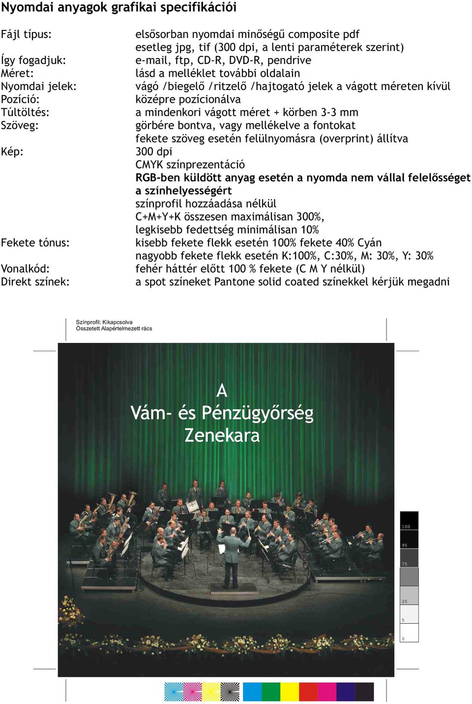 pozícionálva a mindenkori vágott méret + körben 3-3 mm görbére bontva, vagy mellékelve a fontokat fekete szöveg esetén felülnyomásra (overprint) állítva 300 dpi CMYK színprezentáció RGB-ben küldött