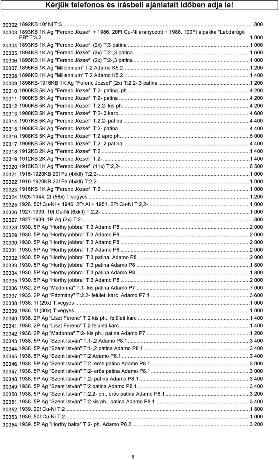 1896KB 1K Ag "Millennium" T:2 Adamo K5.2...1 200 30308.1896KB 1K Ag "Millennium" T:2 Adamo K5.2...1 400 30309.1896KB-1916KB 1K Ag "Ferenc József" (2x) T:2,2-,3 patina...1 200 30310.