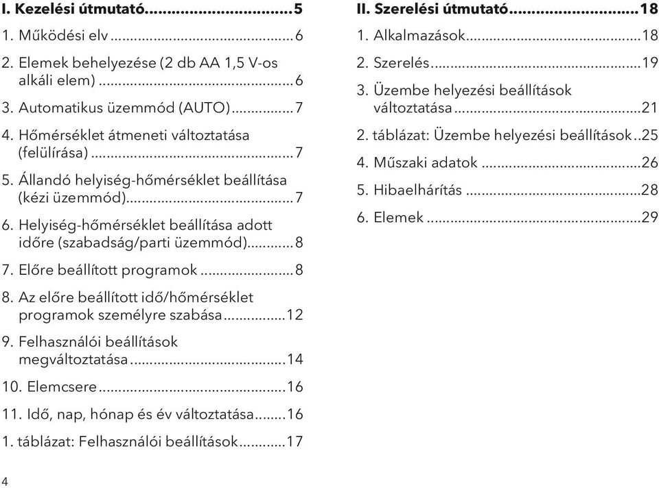 Az előre beállított idő/hőmérséklet programok személyre szabása...12 9. Felhasználói beállítások megváltoztatása...14 10. Elemcsere...16 11. Idő, nap, hónap és év változtatása...16 1. táblázat: Felhasználói beállítások.