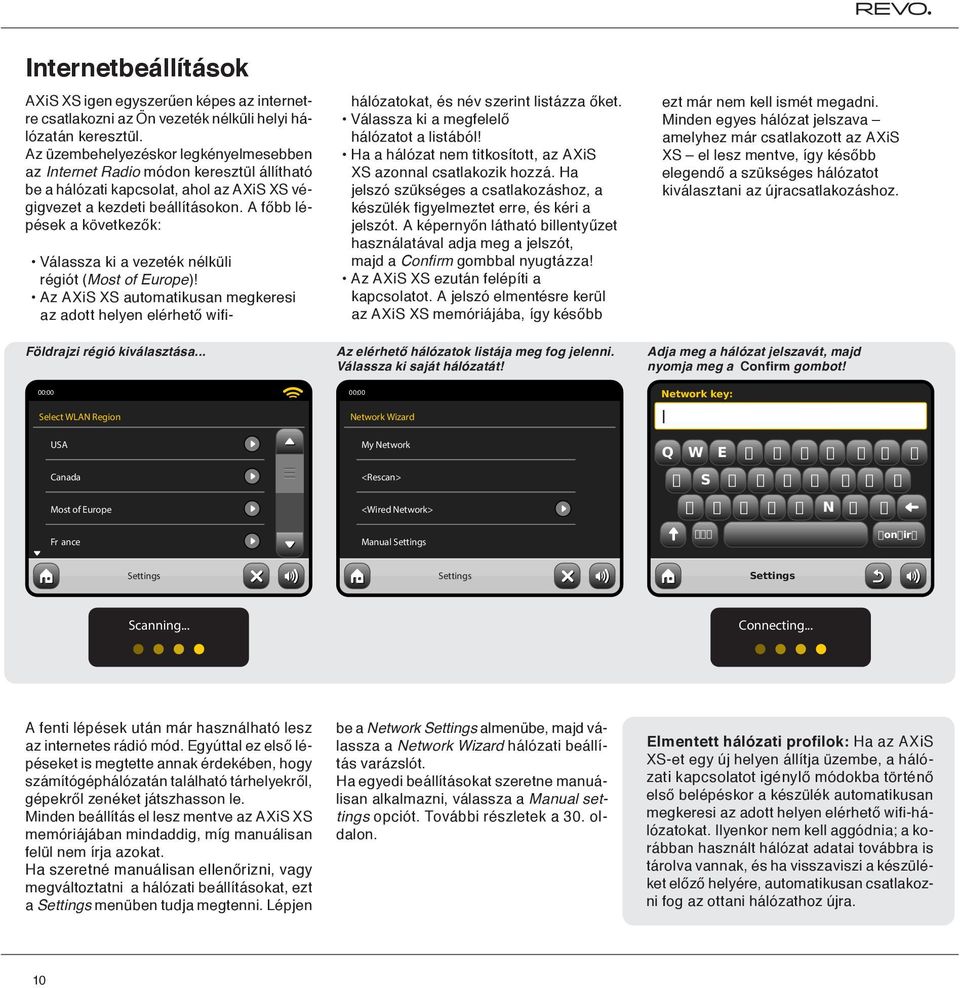 A főbb lépések a következők: Válassza ki a vezeték nélküli régiót (Most of Europe)! Az AXiS XS automatikusan megkeresi az adott helyen elérhető wifi- Földrajzi régió kiválasztása.