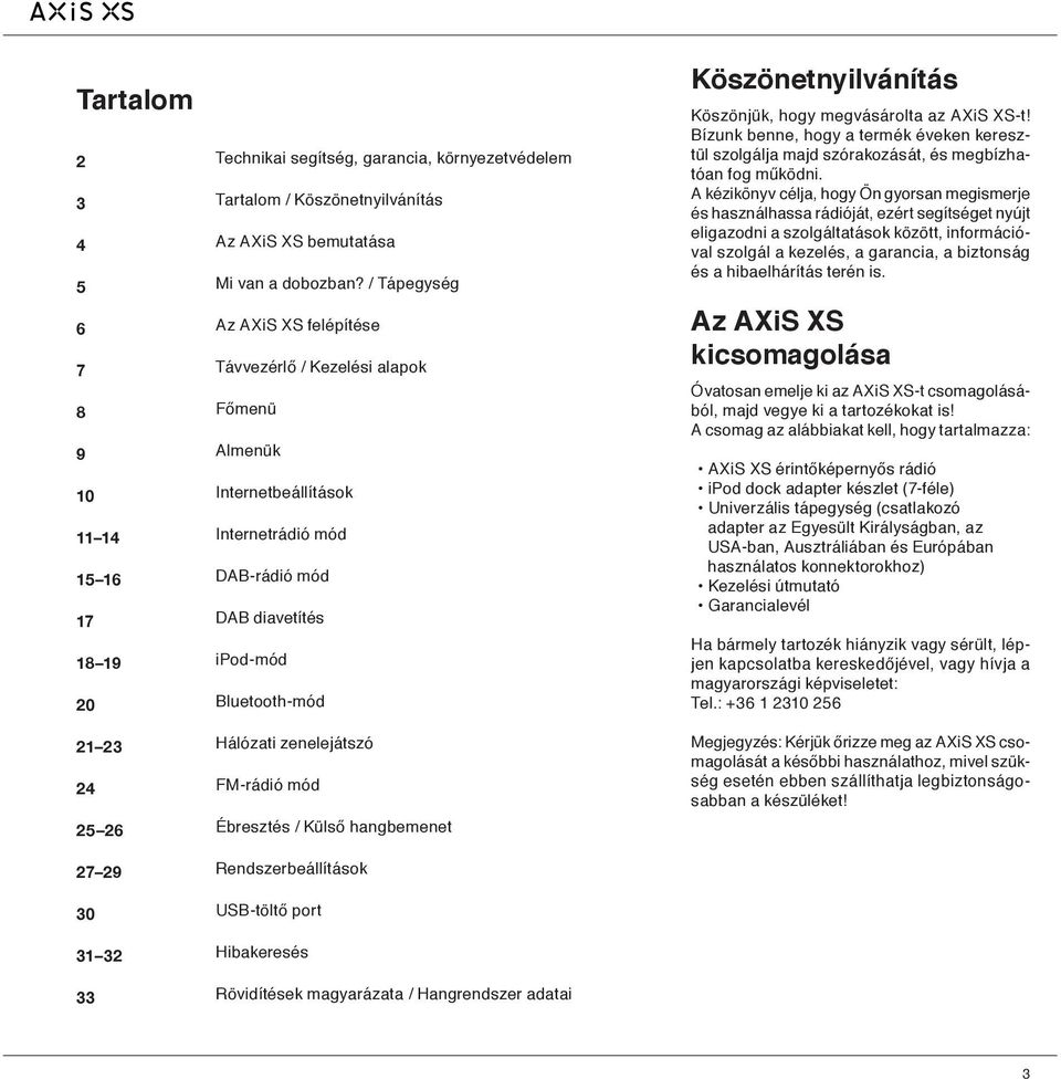 / Tápegység Az AXiS XS felépítése Távvezérlő / Kezelési alapok Főmenü Almenük Internetbeállítások Internetrádió mód DAB-rádió mód DAB diavetítés ipod-mód Bluetooth-mód Hálózati zenelejátszó FM-rádió