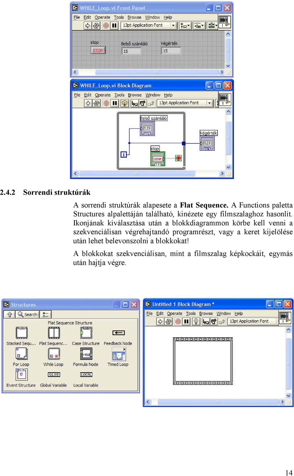 Ikonjának kiválasztása után a blokkdiagrammon körbe kell venni a szekvenciálisan végrehajtandó programrészt, vagy a keret