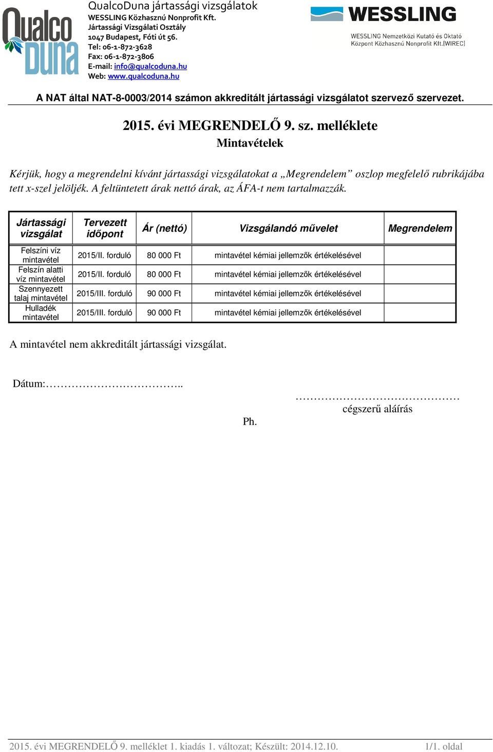 alatti víz mintavétel Szennyezett talaj mintavétel Hulladék mintavétel időpont Ár (nettó) Vizsgálandó művelet Megrendelem 2015/II.