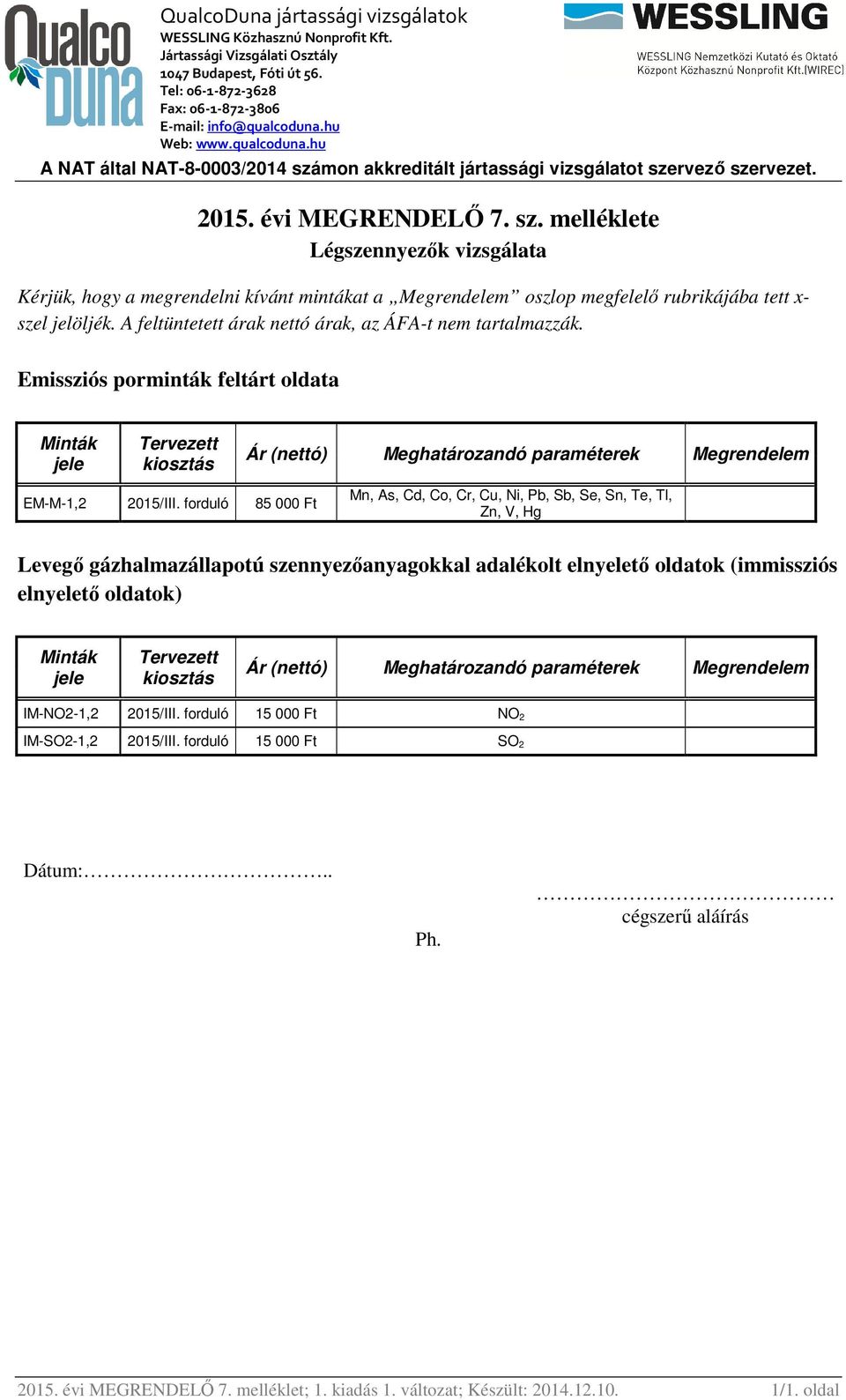 szennyezőanyagokkal adalékolt elnyelető oldatok (immissziós elnyelető oldatok) IM-NO2-2015/III.