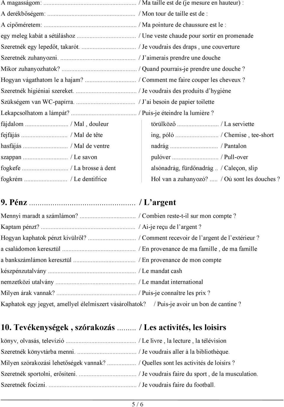 ... / Quand pourrais-je prendre une douche? Hogyan vágathatom le a hajam?... / Comment me faire couper les cheveux? Szeretnék higiéniai szereket.