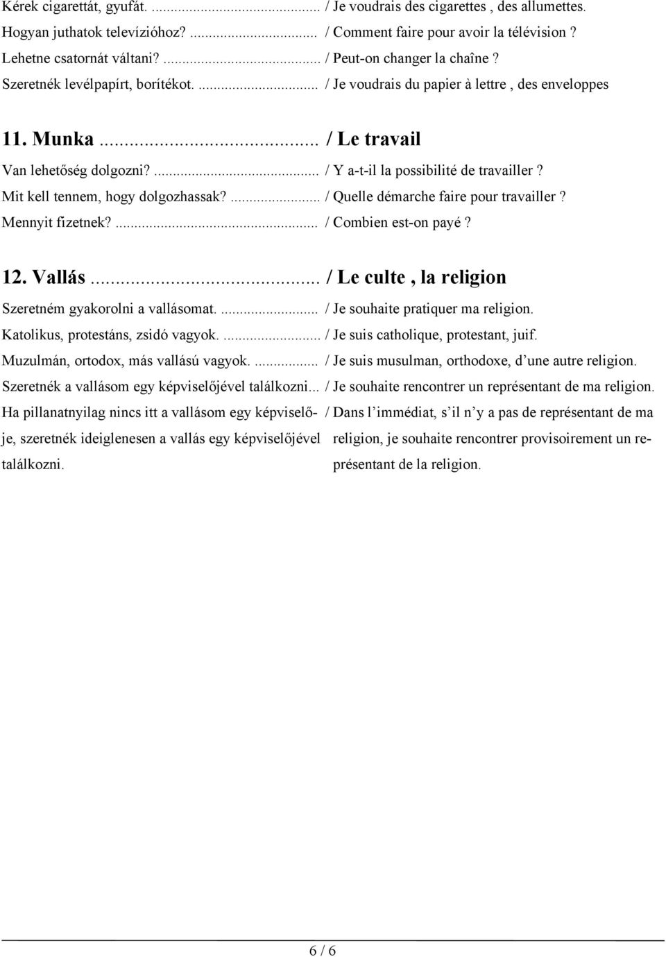 ... / Y a-t-il la possibilité de travailler? Mit kell tennem, hogy dolgozhassak?... / Quelle démarche faire pour travailler? Mennyit fizetnek?... / Combien est-on payé? 12. Vallás.