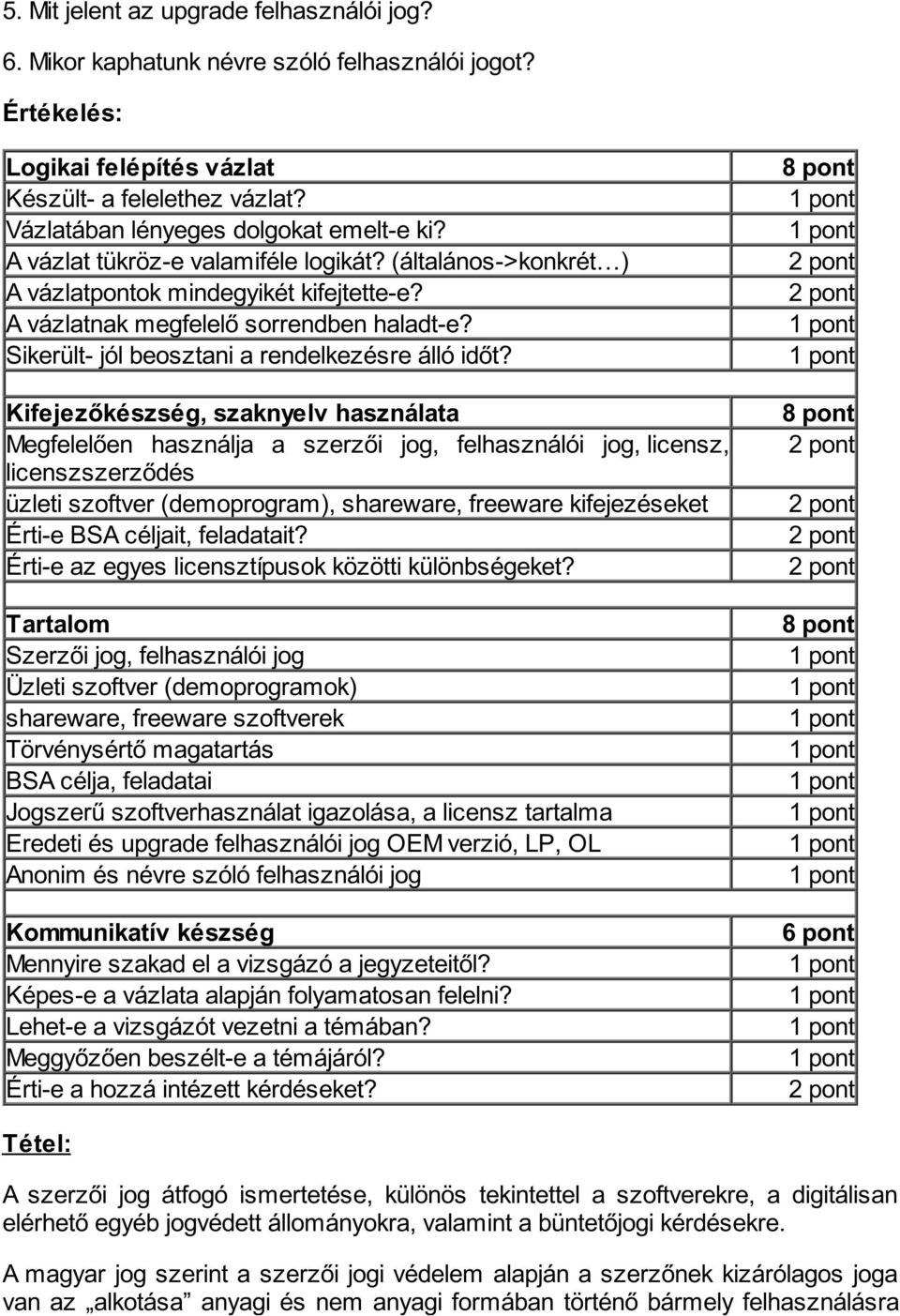 Kifejezőkészség, szaknyelv használata Megfelelően használja a szerzői jog, felhasználói jog, licensz, licenszszerződés üzleti szoftver (demoprogram), shareware, freeware kifejezéseket Érti-e BSA