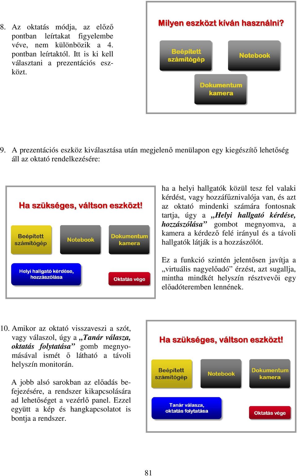 azt az oktató mindenki számára fontosnak tartja, úgy a Helyi hallgató kérdése, hozzászólása gombot megnyomva, a kamera a kérdezı felé irányul és a távoli hallgatók látják is a hozzászólót.