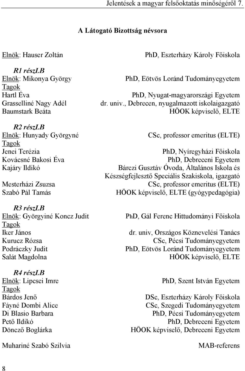 Bárdos Jenı Fáyné Dombi Alice Di Blasio Barbara Petı Ildikó Dönczı Boglárka Muhariné Szabó Szilvia PhD, Eszterházy Károly Fıiskola PhD, Eötvös Loránd Tudományegyetem PhD, Nyugat-magyarországi Egyetem