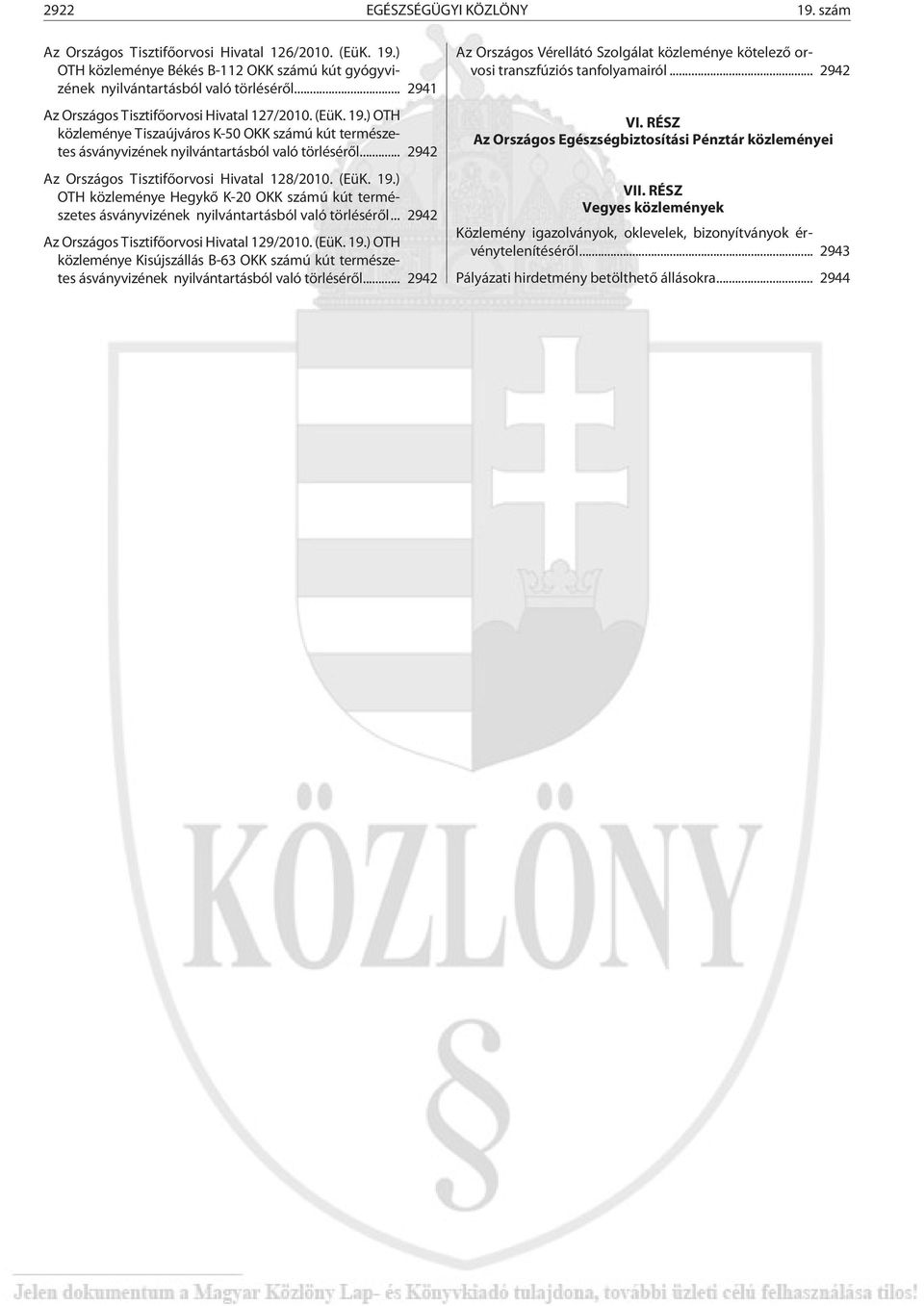 .. 2942 Az Országos Tisztifõorvosi Hivatal 128/2010. (EüK. 19.) OTH közleménye Hegykõ K-20 OKK számú kút természetes ásványvizének nyilvántartásból való törlésérõl.