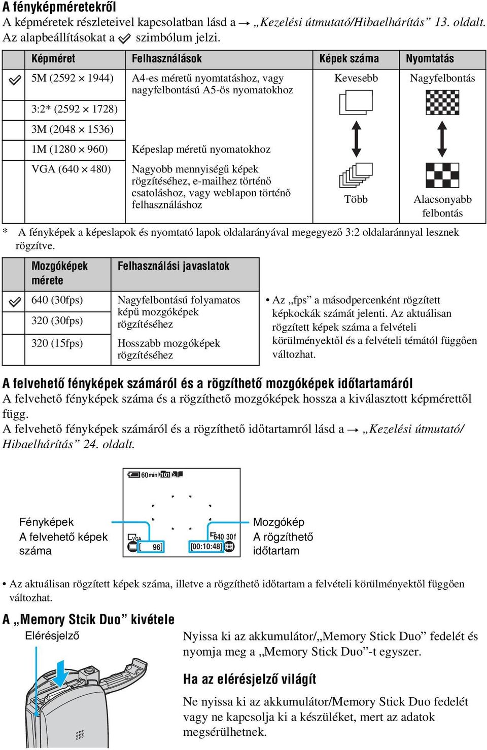 (640 480) Képeslap méretű nyomatokhoz Nagyobb mennyiségű képek rögzítéséhez, e-mailhez történő csatoláshoz, vagy weblapon történő felhasználáshoz * A fényképek a képeslapok és nyomtató lapok