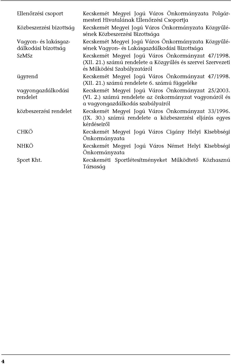 Önkormányzat 47/1998. (XII. 21.) számú rendelete a Közgyűlés és szervei Szervezeti és Működési Szabályzatáról ügyrend Kecskemét Megyei Jogú Város Önkormányzat 47/1998. (XII. 21.) számú rendelete 6.