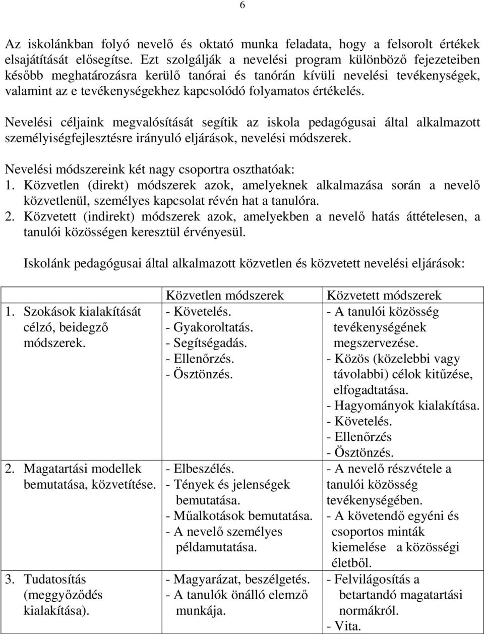 Nevelési céljaink megvalósítását segítik az iskola pedagógusai által alkalmazott személyiségfejlesztésre irányuló eljárások, nevelési módszerek. Nevelési módszereink két nagy csoportra oszthatóak: 1.