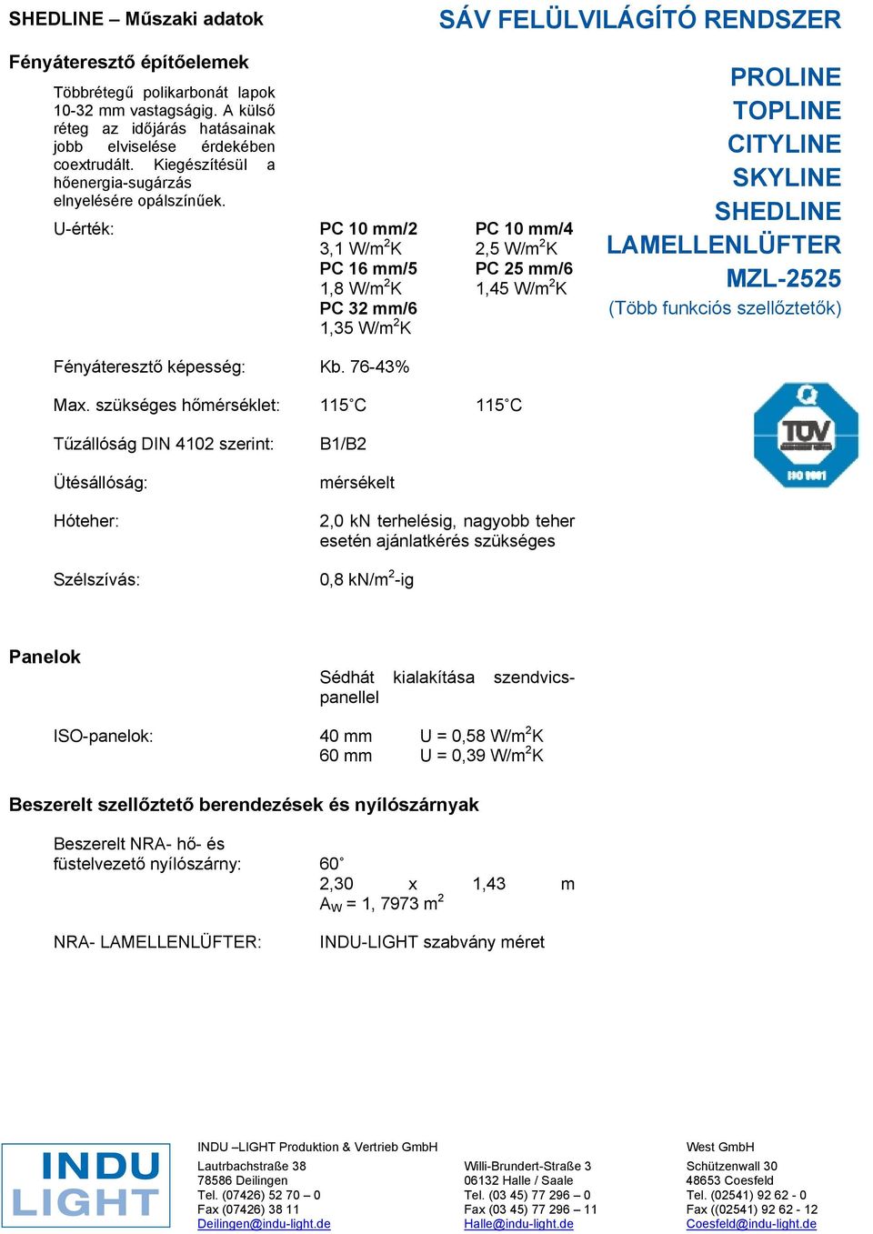 U-érték: PC 10 mm/2 PC 10 mm/4 3,1 W/m 2 K 2,5 W/m 2 K PC 16 mm/5 PC 25 mm/6 1,8 W/m 2 K 1,45 W/m 2 K PC 32 mm/6 1,35 W/m 2 K PROLINE TOPLINE CITYLINE SKYLINE LAMELLENLÜFTER MZL-2525 (Több funkciós