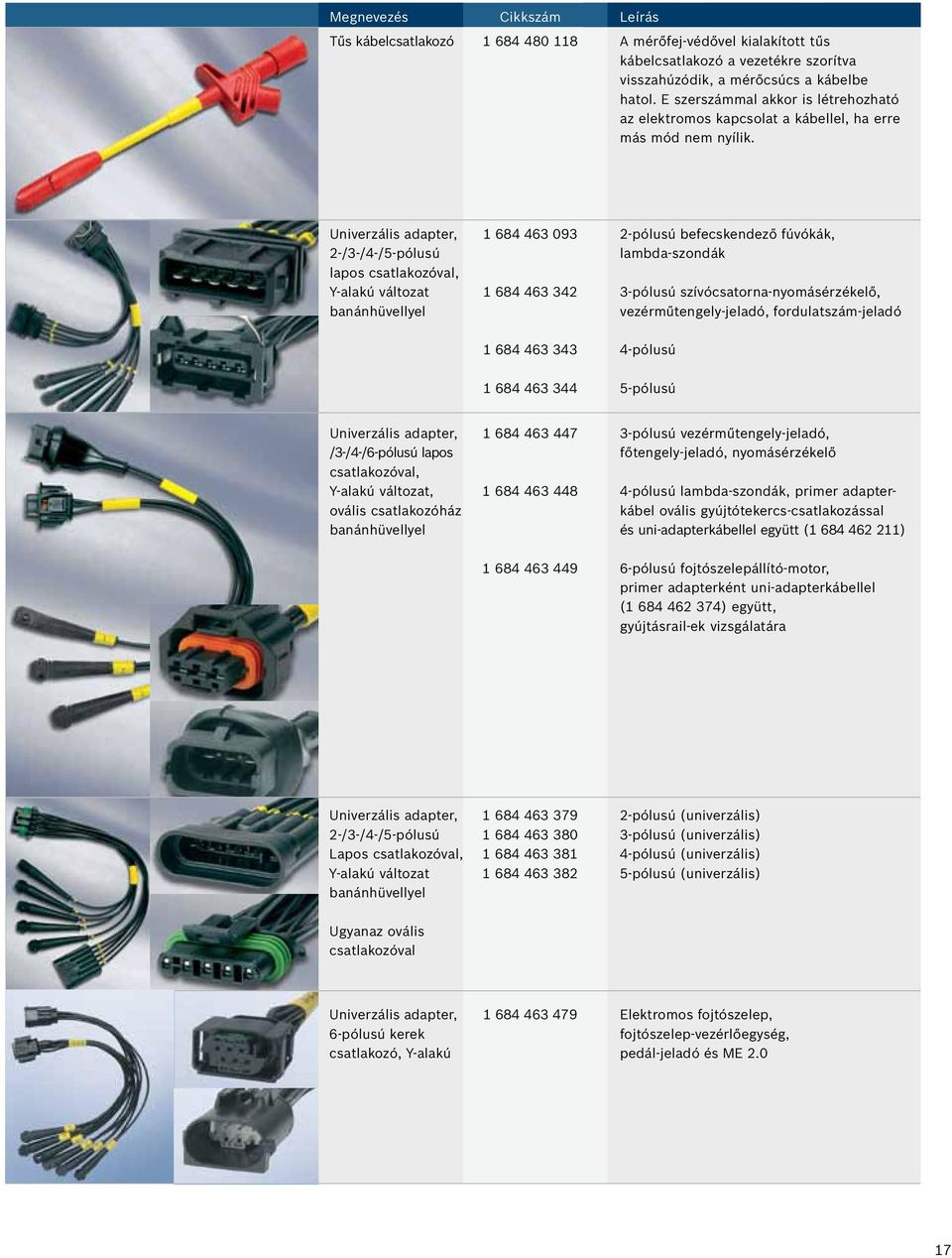 Univerzális adapter, 1 684 463 093 2-pólusú befecskendező fúvókák, 2-/3-/4-/5-pólusú lambda-szondák lapos csatlakozóval, Y-alakú változat 1 684 463 342 3-pólusú szívócsatorna-nyomásérzékelő,