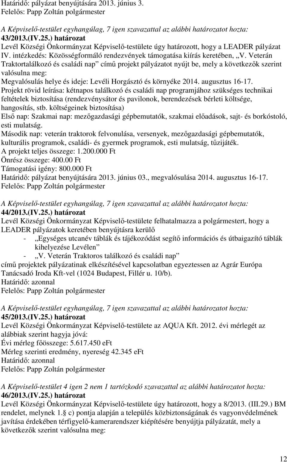 Veterán Traktortalálkozó és családi nap című projekt pályázatot nyújt be, mely a következők szerint valósulna meg: Megvalósulás helye és ideje: Levéli Horgásztó és környéke 2014. augusztus 16-17.