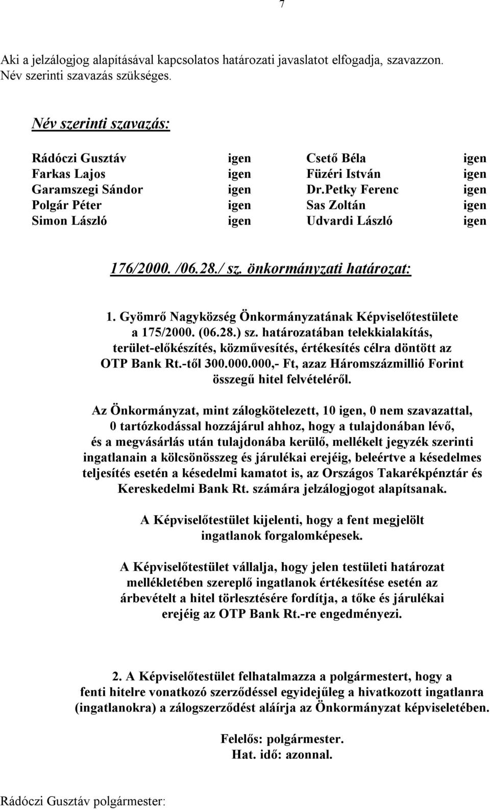Petky Ferenc igen Polgár Péter igen Sas Zoltán igen Simon László igen Udvardi László igen 176/2000. /06.28./ sz. önkormányzati határozat: 1.