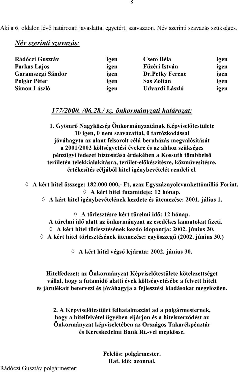 Petky Ferenc igen Polgár Péter igen Sas Zoltán igen Simon László igen Udvardi László igen 177/2000. /06.28./ sz. önkormányzati határozat: 1.