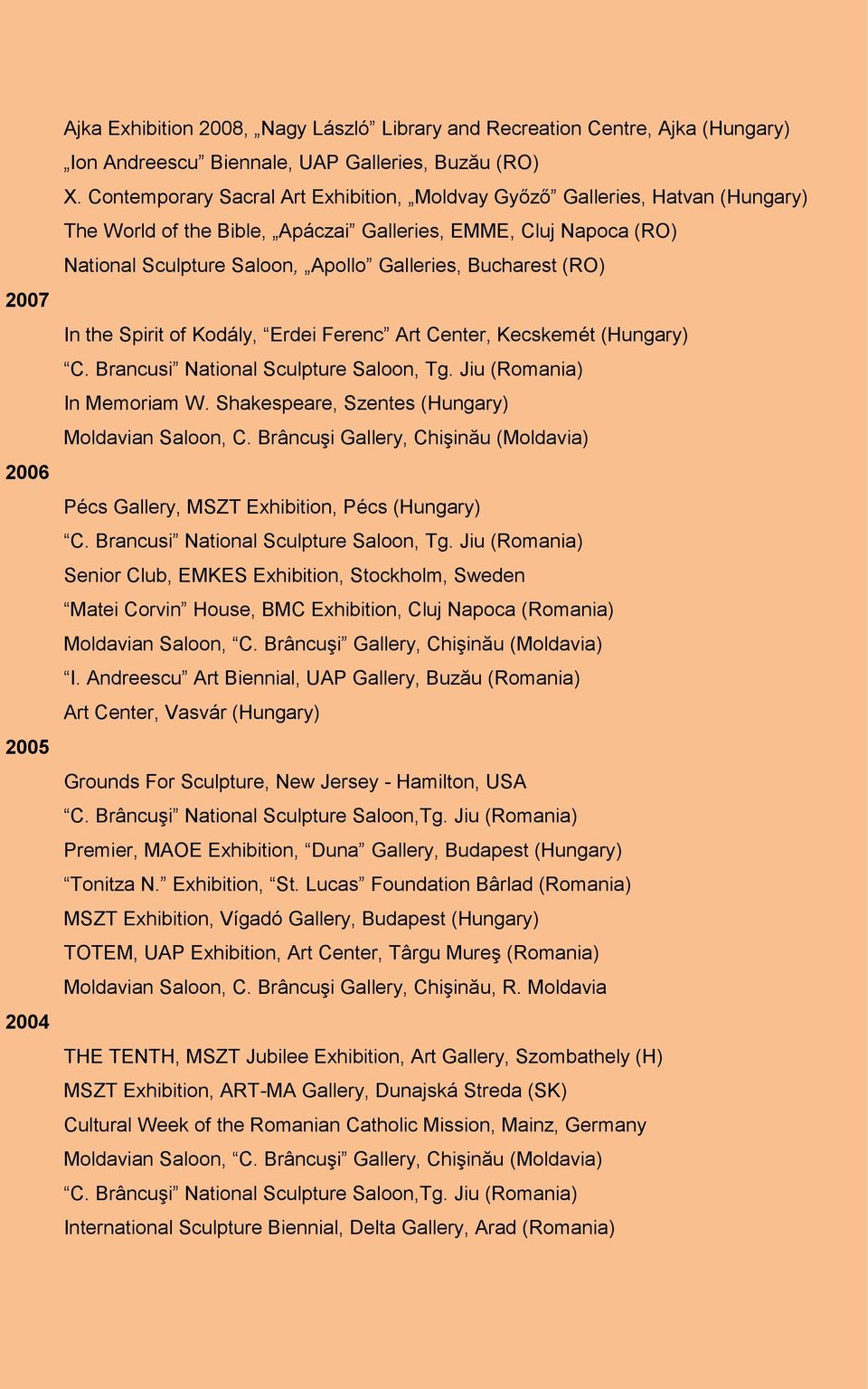 (RO) In the Spirit of Kodály, Erdei Ferenc Art Center, Kecskemét (Hungary) C. Brancusi National Sculpture Saloon, Tg. Jiu (Romania) In Memoriam W. Shakespeare, Szentes (Hungary) Moldavian Saloon, C.