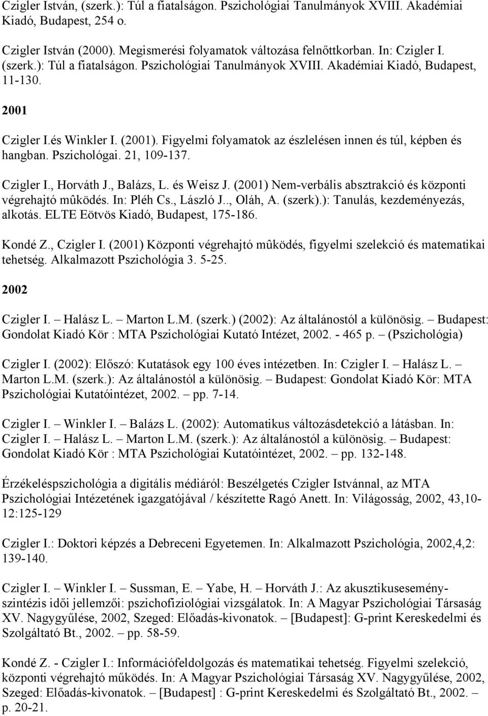 Pszichológai. 21, 109-137. Czigler I., Horváth J., Balázs, L. és Weisz J. (2001) Nem-verbális absztrakció és központi végrehajtó mûködés. In: Pléh Cs., László J.., Oláh, A. (szerk).