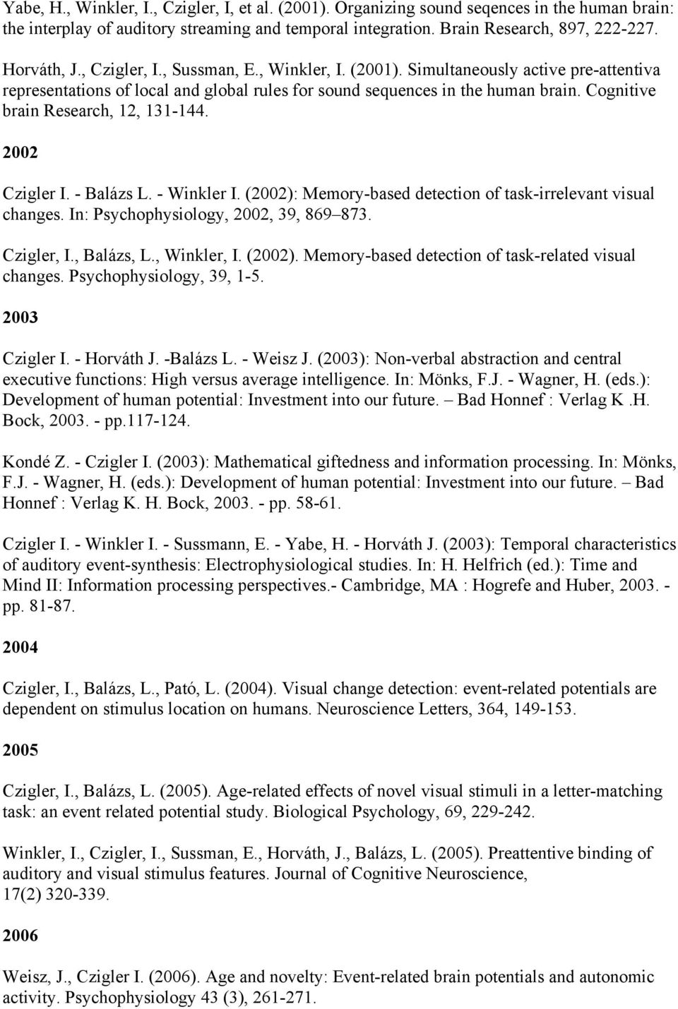 Cognitive brain Research, 12, 131-144. 2002 Czigler I. - Balázs L. - Winkler I. (2002): Memory-based detection of task-irrelevant visual changes. In: Psychophysiology, 2002, 39, 869 873. Czigler, I.
