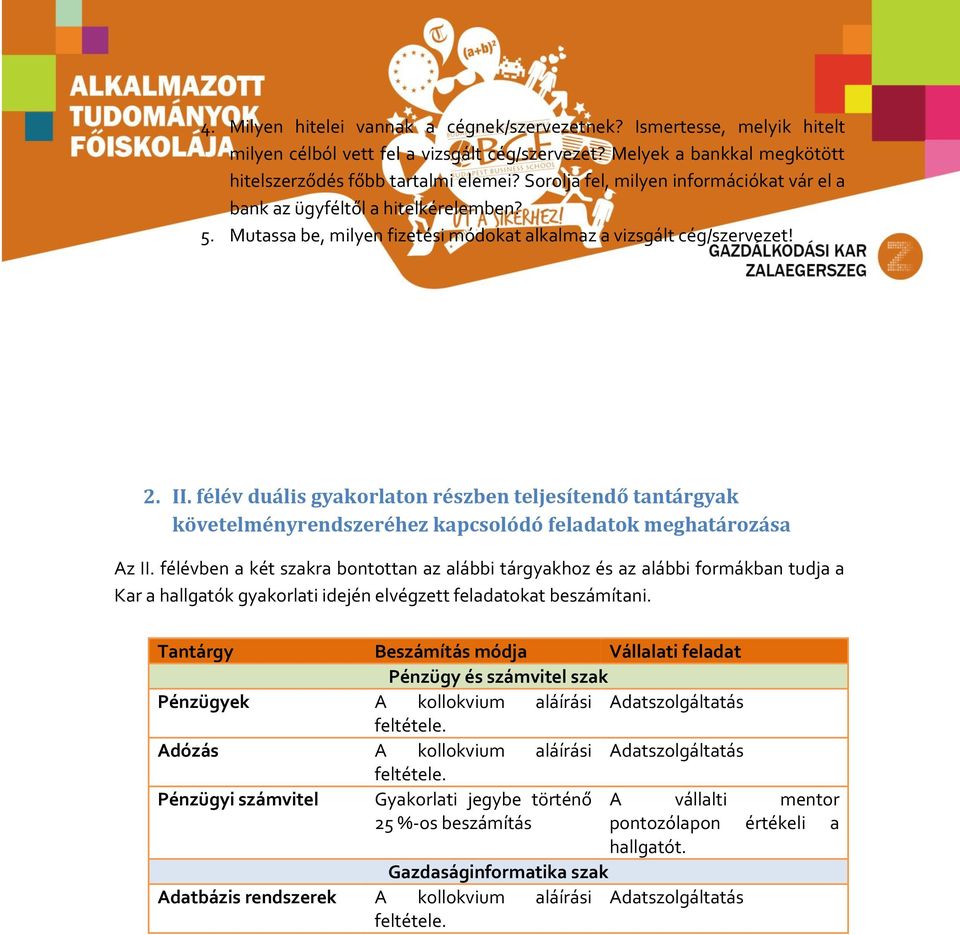 félév duális gyakorlaton részben teljesítendő tantárgyak követelményrendszeréhez kapcsolódó feladatok meghatározása Az II.