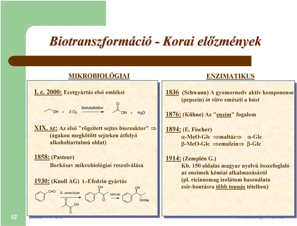 2000: Ecetgyártás első emlékei biokatalizátor H + 2 2 biokatalizátor H + 2 2 H + H + H 2 H 2 1836: (Schwann) A gyomornedv aktív komponense (pepszin) in vitro emészti a húst 1876: (Kühne)