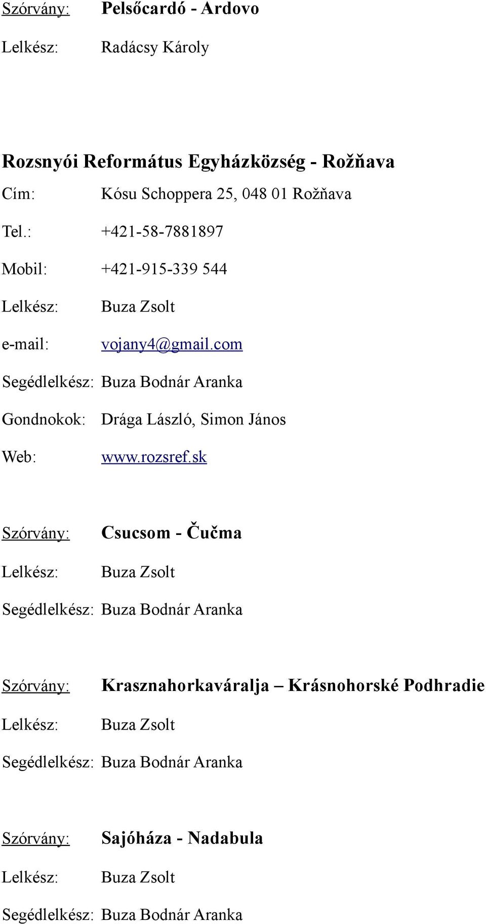com Segédlelkész: Buza Bodnár Aranka Gondnokok: Web: Drága László, Simon János www.rozsref.