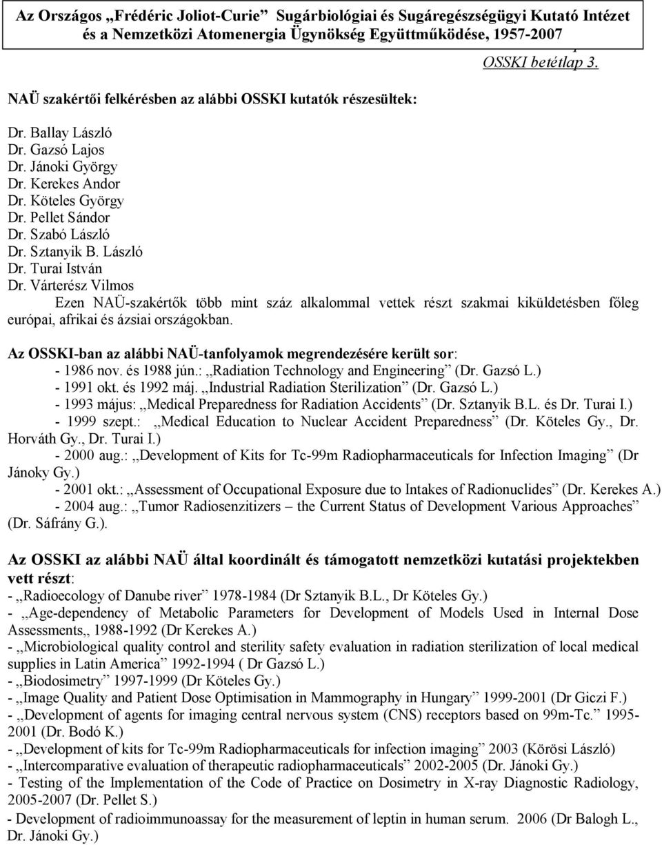 Szabó László Dr. Sztanyik B. László Dr. Turai István Dr. Várterész Vilmos Ezen NAÜ-szakértők több mint száz alkalommal vettek részt szakmai kiküldetésben főleg európai, afrikai és ázsiai országokban.