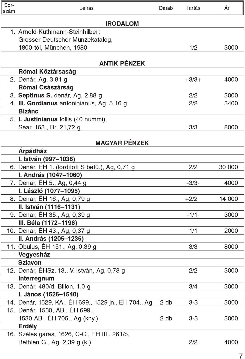 Denár, ÉH 1. (fordított S betû.), Ag, 0,71 g 2/2 30 000 I. András (1047 1060) 7. Denár, ÉH 5., Ag, 0,44 g -3/3-4000 I. László (1077 1095) 8. Denár, ÉH 16., Ag, 0,79 g +2/2 14 000 II.