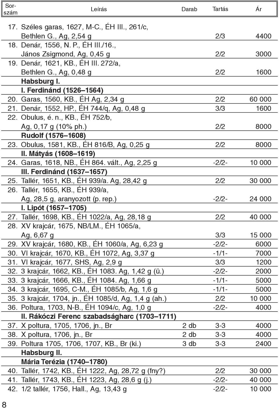 ) 2/2 8000 Rudolf (1576 1608) 23. Obulus, 1581, KB., ÉH 816/B, Ag, 0,25 g 2/2 8000 II. Mátyás (1608 1619) 24. Garas, 1618, NB., ÉH 864. vált., Ag, 2,25 g -2/2-10 000 III. Ferdinánd (1637 1657) 25.