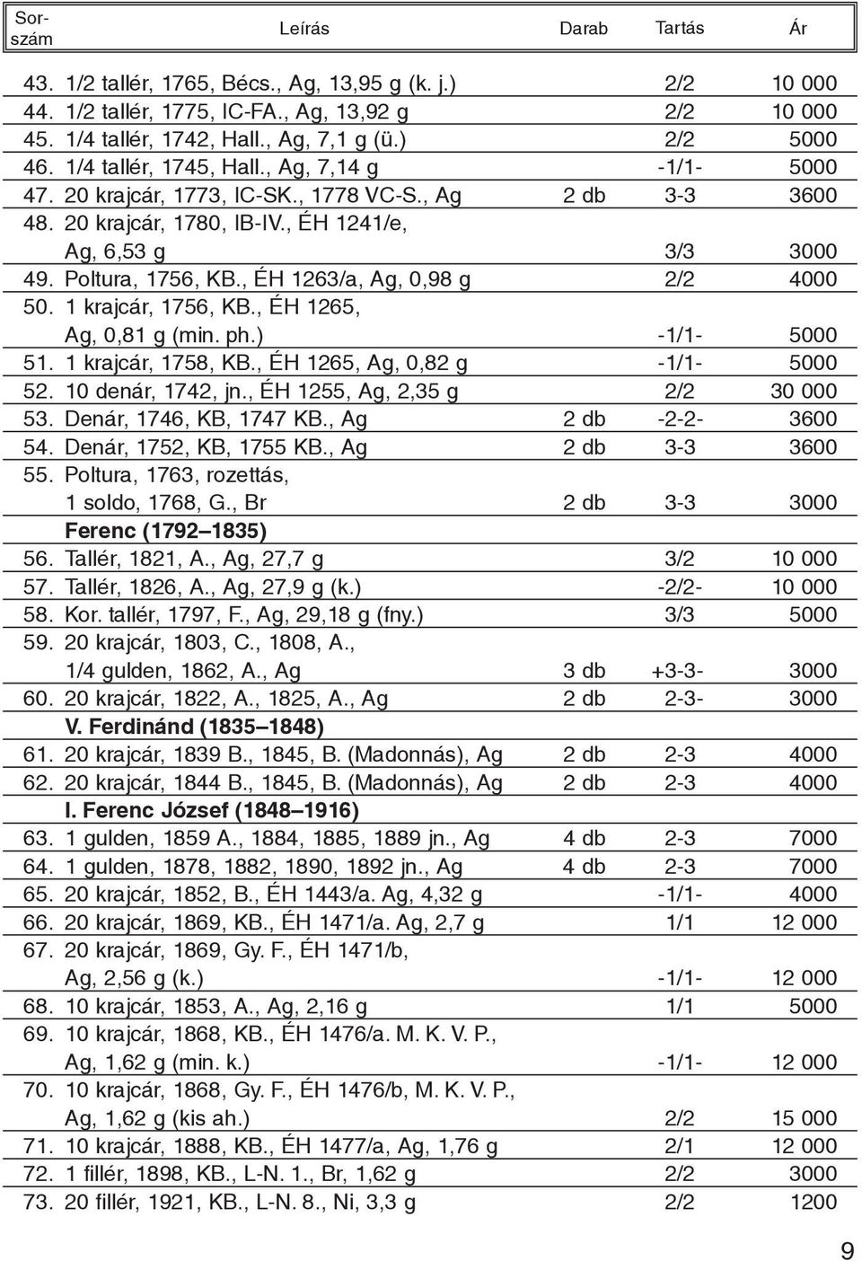 , ÉH 1263/a, Ag, 0,98 g 2/2 4000 50. 1 krajcár, 1756, KB., ÉH 1265, Ag, 0,81 g (min. ph.) -1/1-5000 51. 1 krajcár, 1758, KB., ÉH 1265, Ag, 0,82 g -1/1-5000 52. 10 denár, 1742, jn.