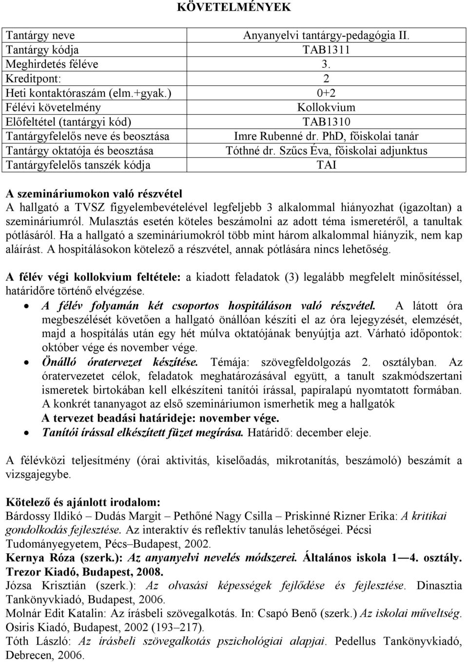 Mulasztás esetén köteles beszámolni az adott téma ismeretéről, a tanultak pótlásáról. Ha a hallgató a szemináriumokról több mint három alkalommal hiányzik, nem kap aláírást.