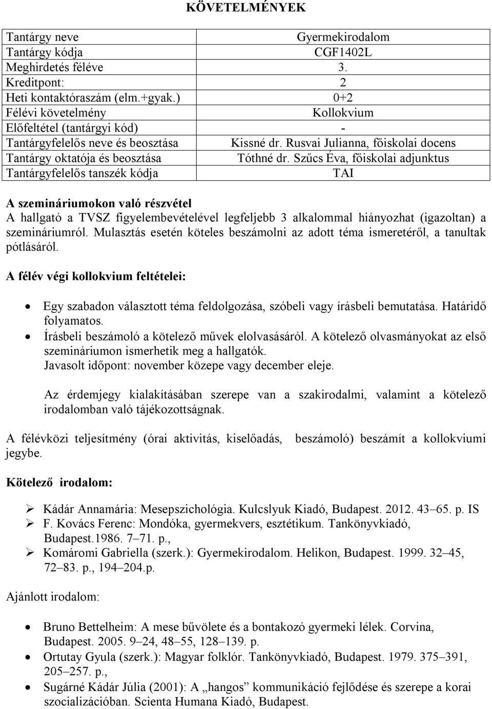 Mulasztás esetén köteles beszámolni az adott téma ismeretéről, a tanultak pótlásáról. A félév végi kollokvium feltételei: Egy szabadon választott téma feldolgozása, szóbeli vagy írásbeli bemutatása.