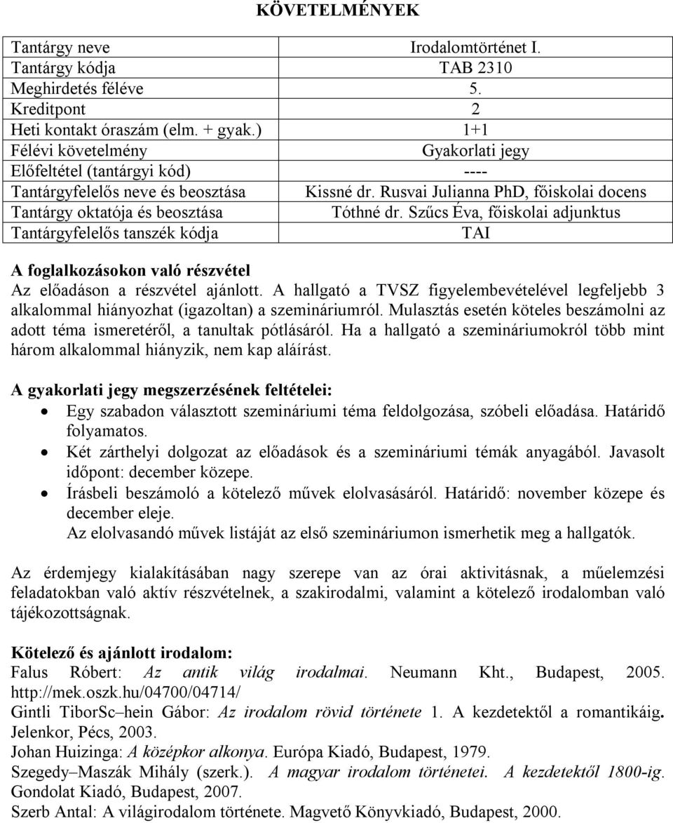 A hallgató a TVSZ figyelembevételével legfeljebb 3 alkalommal hiányozhat (igazoltan) a szemináriumról. Mulasztás esetén köteles beszámolni az adott téma ismeretéről, a tanultak pótlásáról.