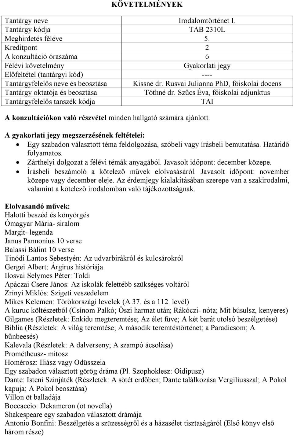 A gyakorlati jegy megszerzésének feltételei: Egy szabadon választott téma feldolgozása, szóbeli vagy írásbeli bemutatása. Határidő folyamatos. Zárthelyi dolgozat a félévi témák anyagából.