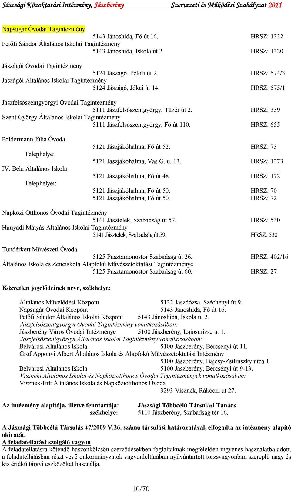 HRSZ: 575/1 Jászfelsőszentgyörgyi Óvodai Tagintézmény 5111 Jászfelsőszentgyörgy, Tüzér út 2. HRSZ: 339 Szent György Általános Iskolai Tagintézmény 5111 Jászfelsőszentgyörgy, Fő út 110.