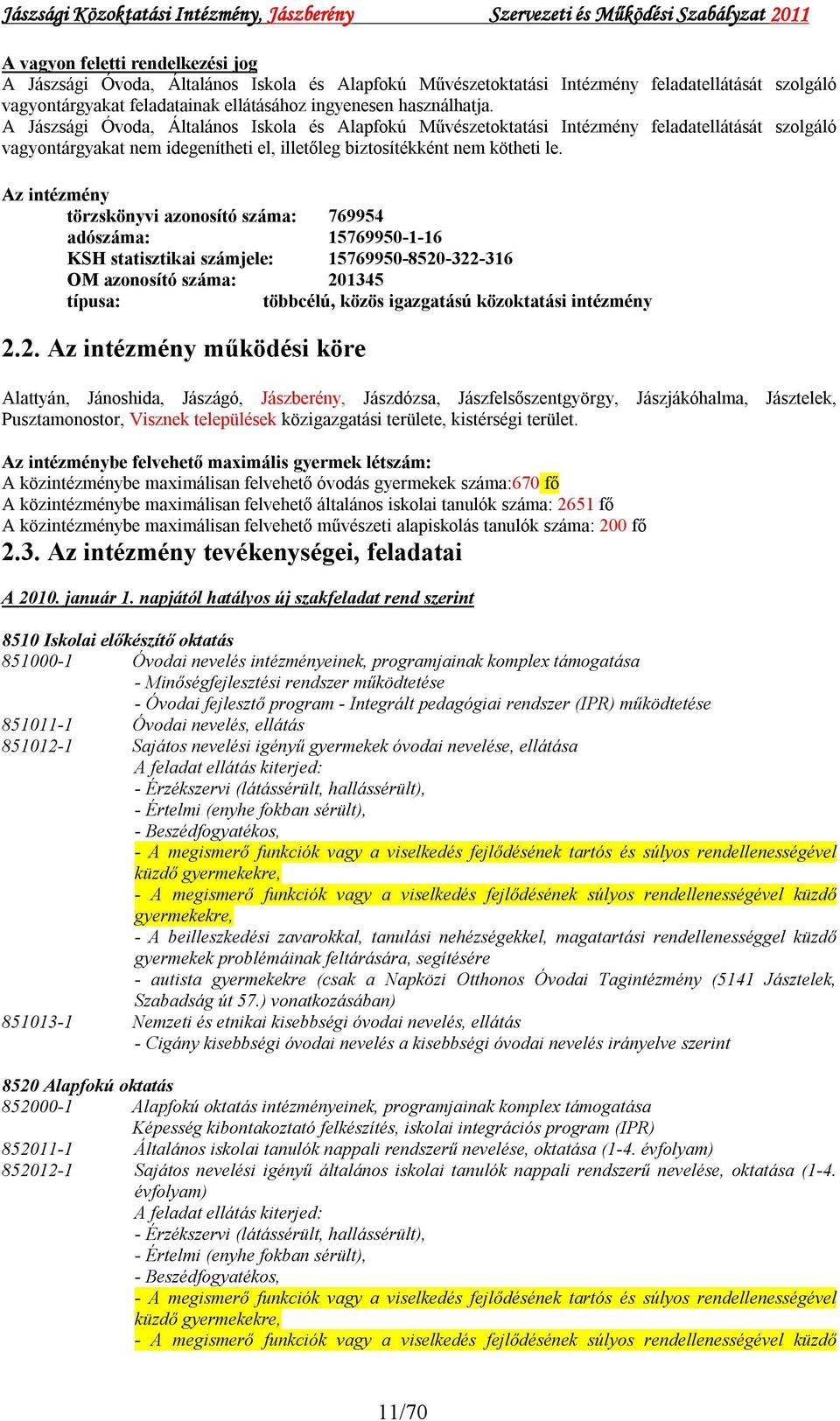 Az intézmény törzskönyvi azonosító száma: 769954 adószáma: 15769950-1-16 KSH statisztikai számjele: 15769950-8520-322-316 OM azonosító száma: 201345 típusa: többcélú, közös igazgatású közoktatási